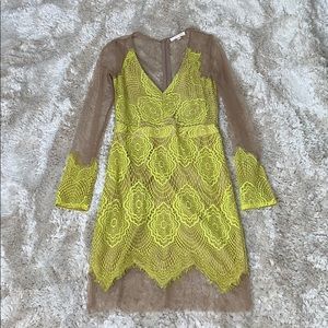 Yellow lace mesh mini dress